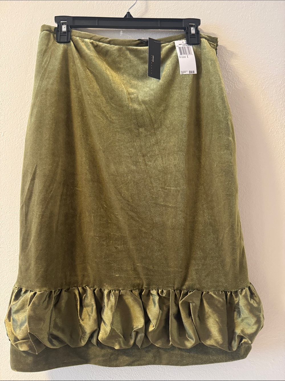 Grace Elements Olive Green Velvet Midi Skirt with Ruffle Hem